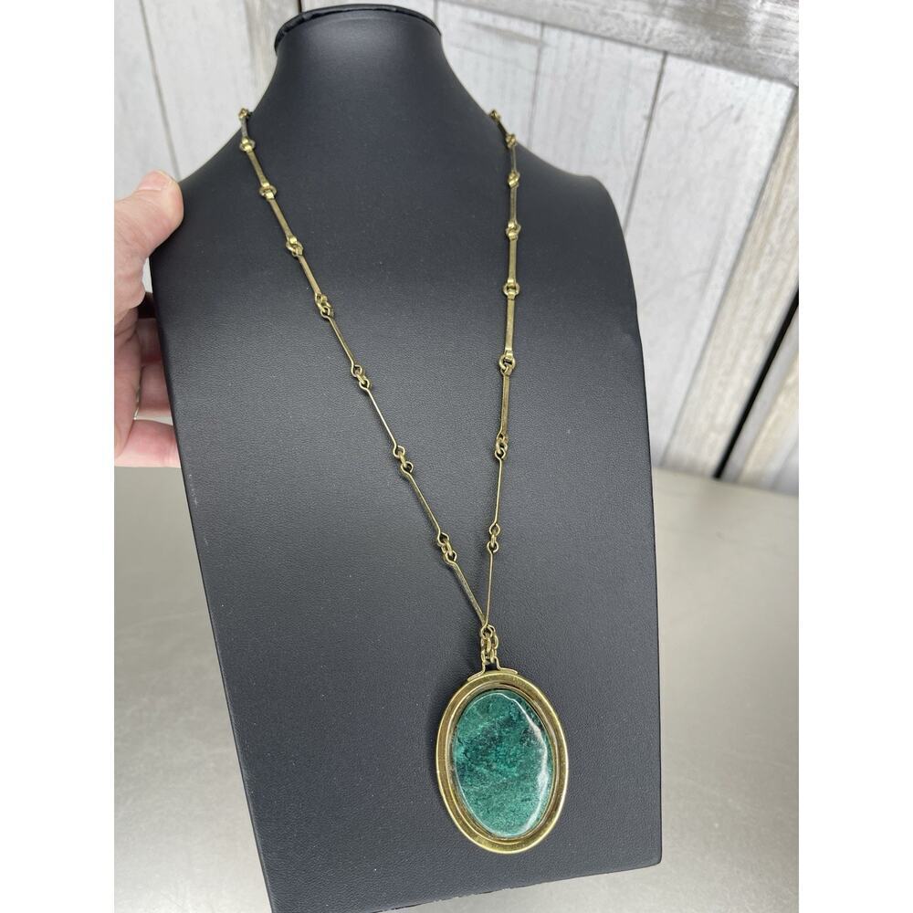 Vintage Bright Green Faux Malachite Pendant Long Necklace Gold Chain Link